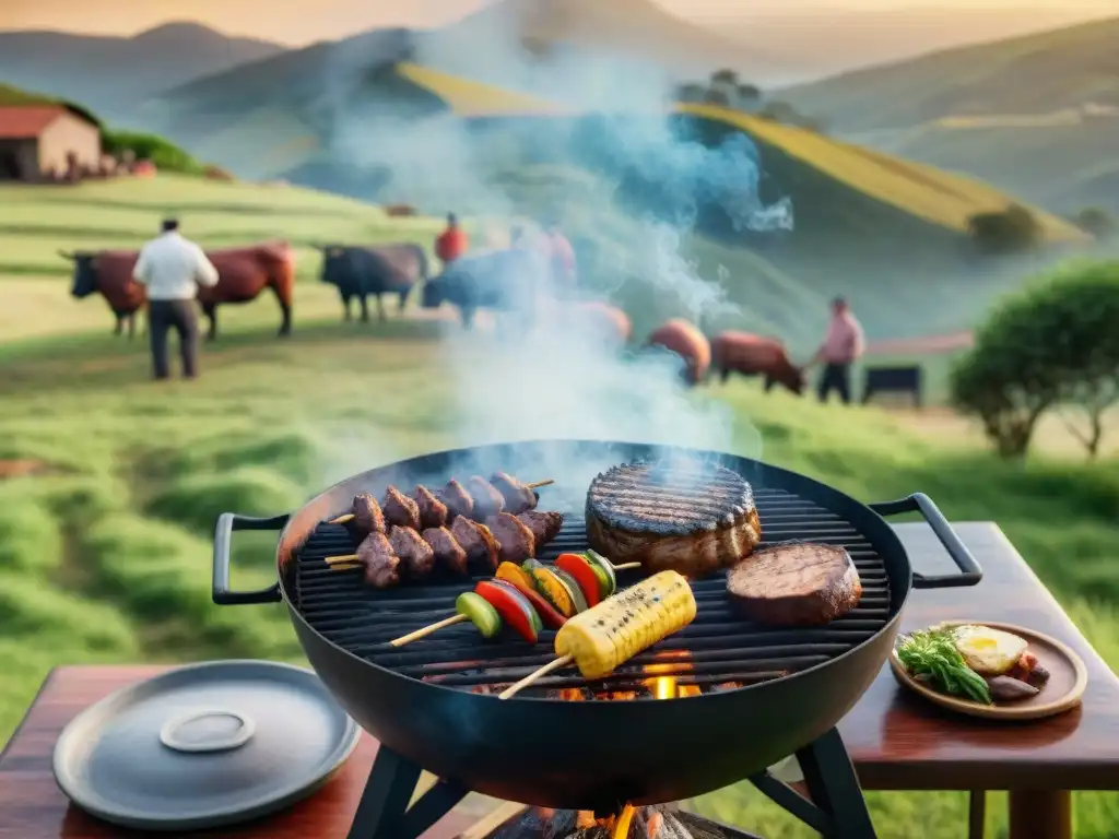 Disfrutando de un asado uruguayo en el campo al atardecer