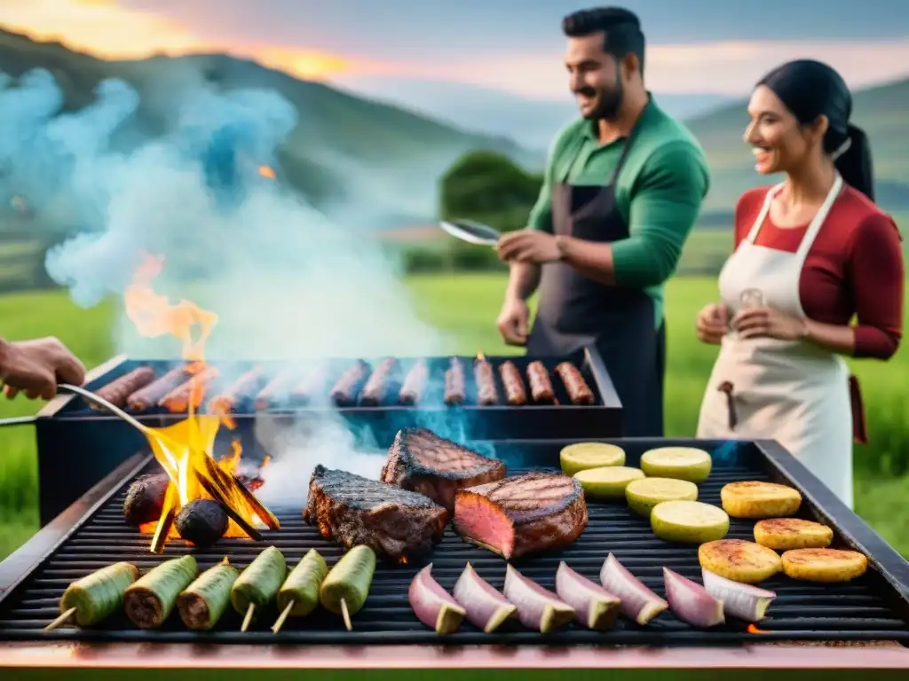 Un asado uruguayo en el campo: grupo de personas alrededor de una parrilla, disfrutando de un taller de asado