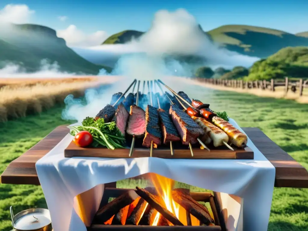 Un asado uruguayo en el campo: mesa rústica llena de carnes, chimichurri y amigos felices bajo cielo azul