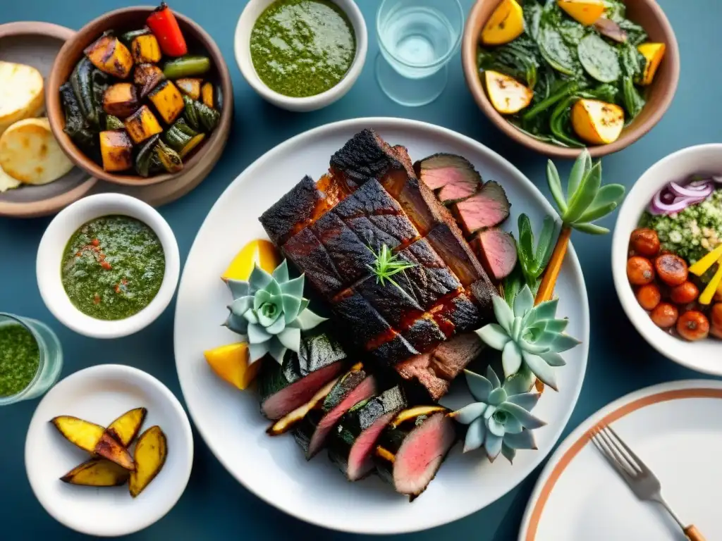 Delicioso asado uruguayo: detallado y vibrante Un asado uruguayo con carne al espiedo y guarniciones tradicionales