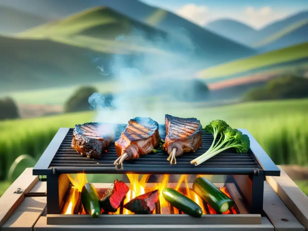 Un asado uruguayo con carnes y verduras sobre parrilla, rodeado de salsa chimichurri vibrante, en un paisaje campestre