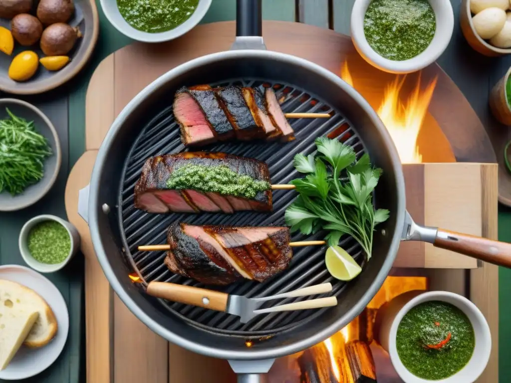 Un asado uruguayo casero con salsas, pan recién horneado y mate bajo la cálida luz del sol