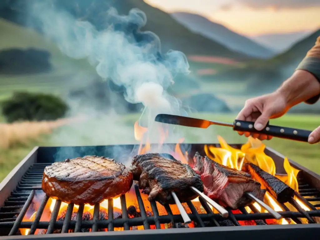 Presentación del asado uruguayo: un chef experto prepara cortes sizzling en una parrilla al aire libre, con llamas y paisaje campestre al fondo