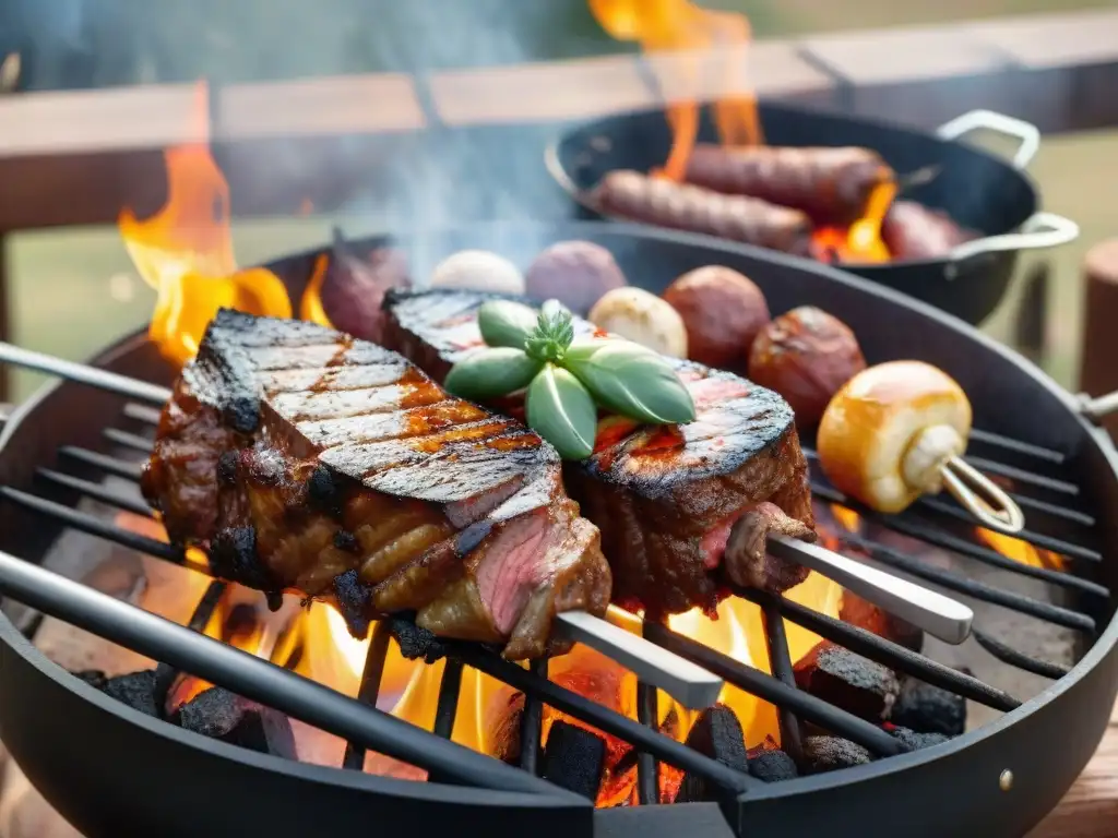 Un asado uruguayo con chorizo bombón, jugosos cortes de carne y costillas, cocinados a la perfección en una parrilla ardiente