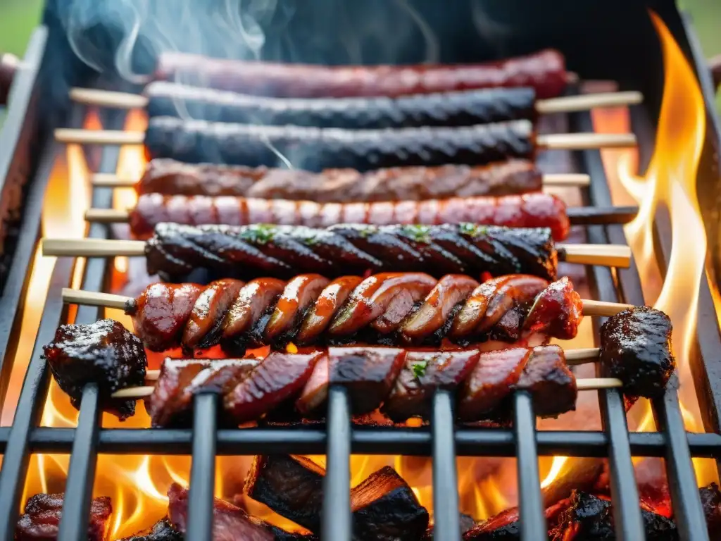 Un asado uruguayo con chorizos, morcillas y costillas en una parrilla, rodeado de humo y llamas