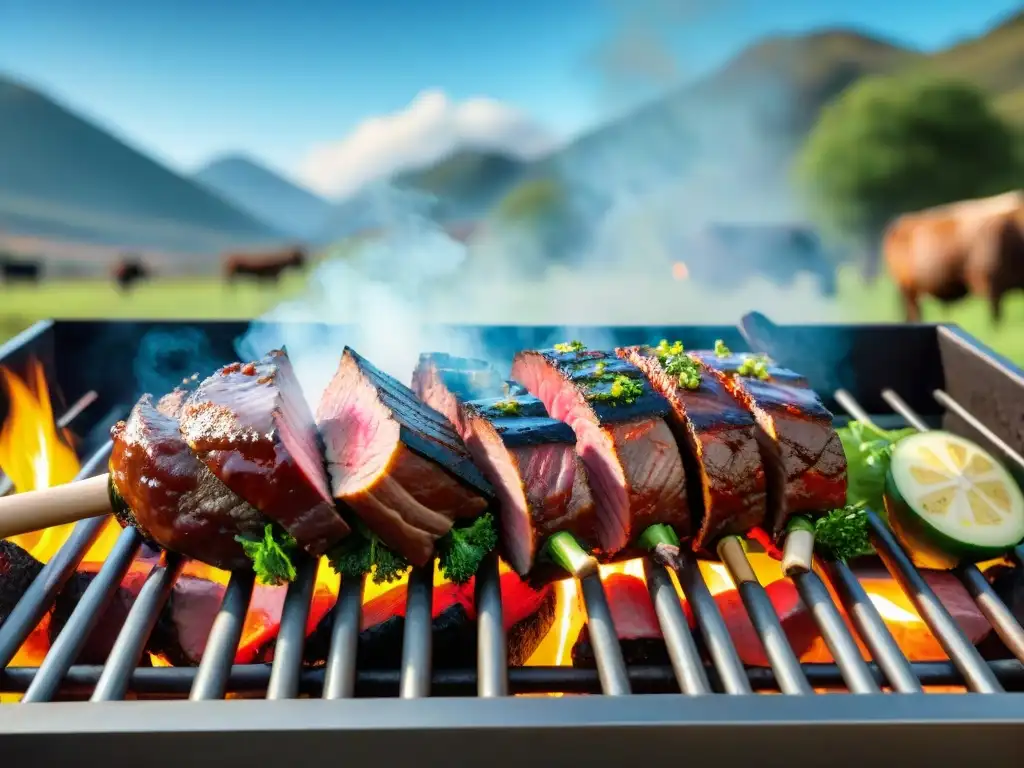 Un asado uruguayo clásico en las pampas: cortes de carne sobre la parrilla, gaucho experto y chimichurri fresco