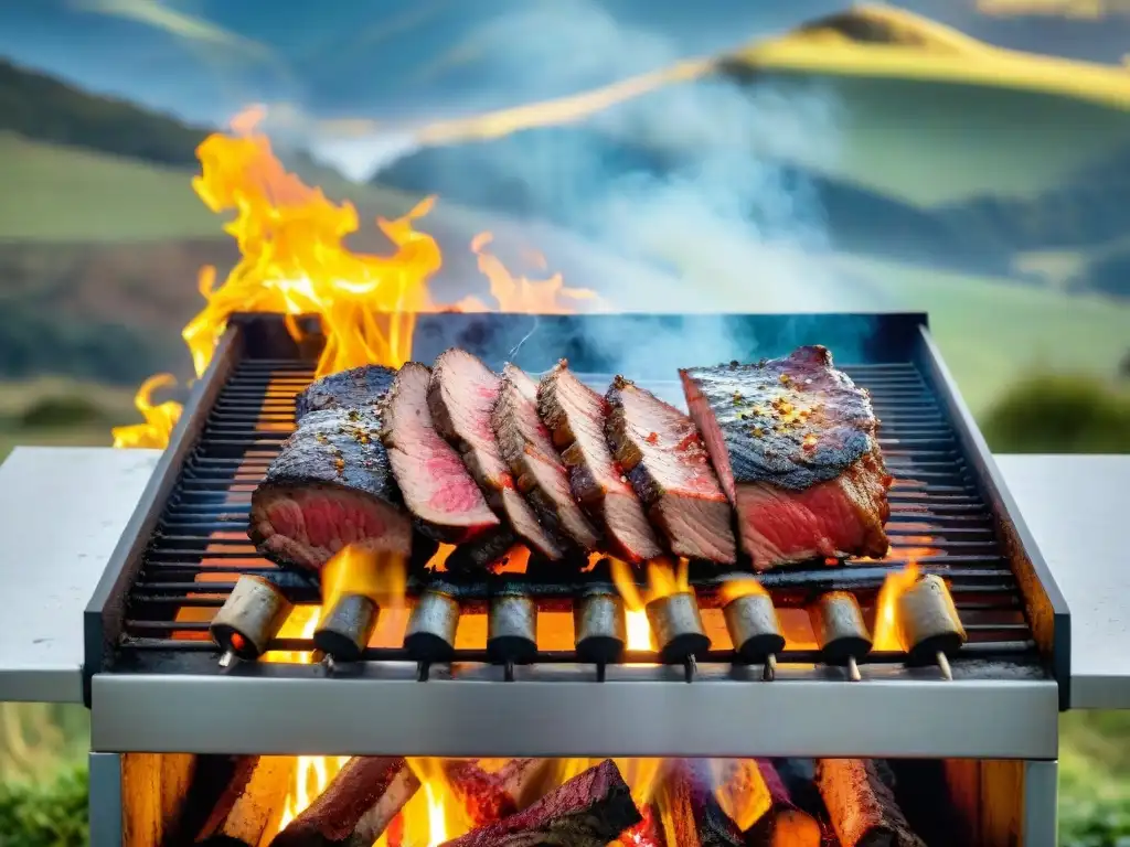 Deléitate con un asado uruguayo perfectamente cocido en parrilla, rodeado de paisaje campestre