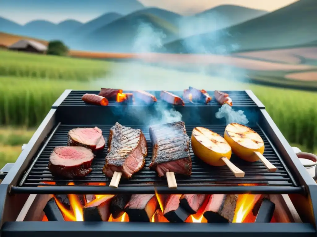 Un asado uruguayo perfectamente cocido en la parrilla, con cortes premium y paisaje campestre