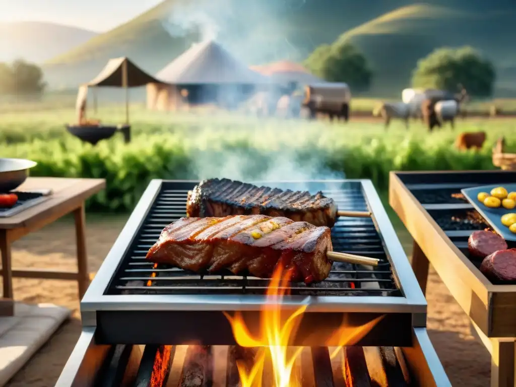 Disfrutando de un asado uruguayo cocinado con energía solar en un día soleado en el campo