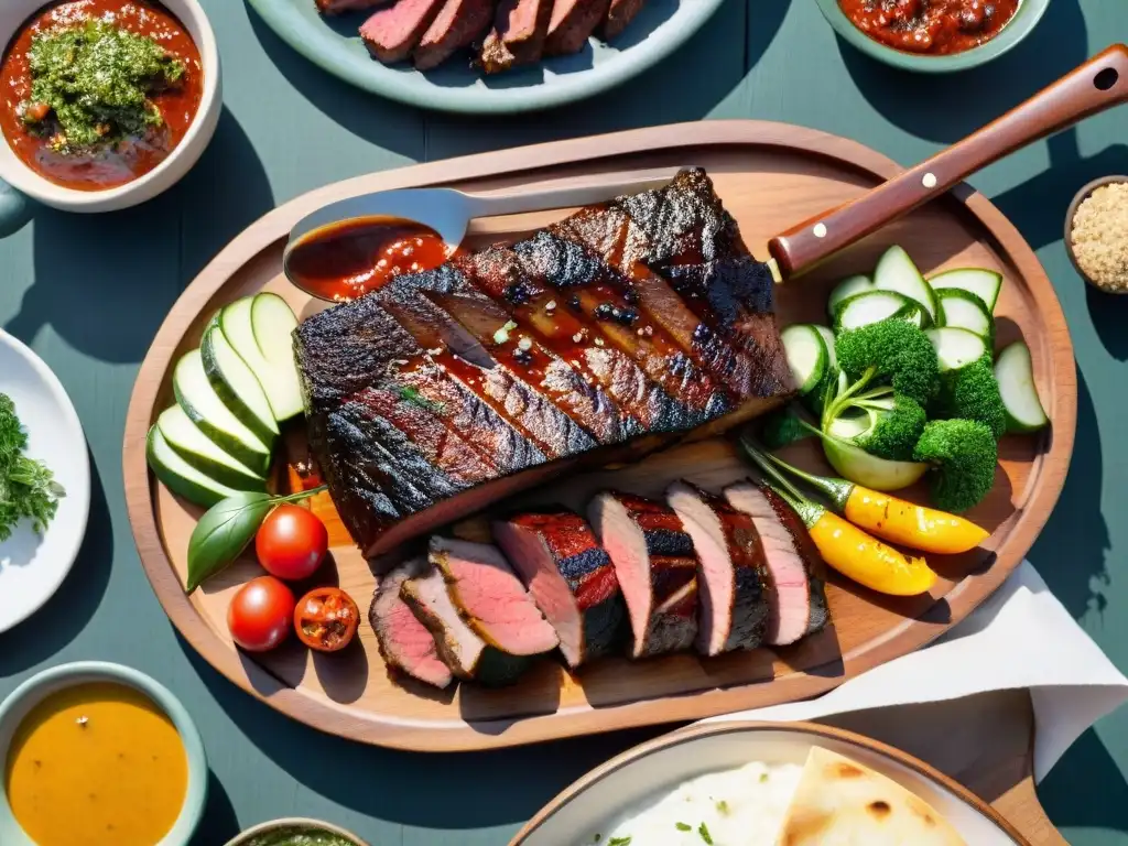 Un asado uruguayo perfectamente cocinado en una mesa rústica, con churrasco, morcilla y chorizo, acompañado de chimichurri y vegetales a la parrilla