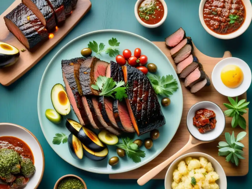 Un asado uruguayo perfectamente cocinado en una mesa rústica, con carnes suculentas y coloridos acompañamientos, bajo la cálida luz del atardecer