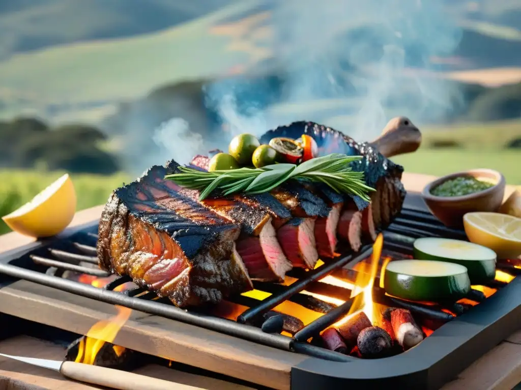 Un asado uruguayo perfectamente cocinado en una parrilla tradicional, rodeado de chimichurri y vino tinto, en un paisaje campestre uruguayo