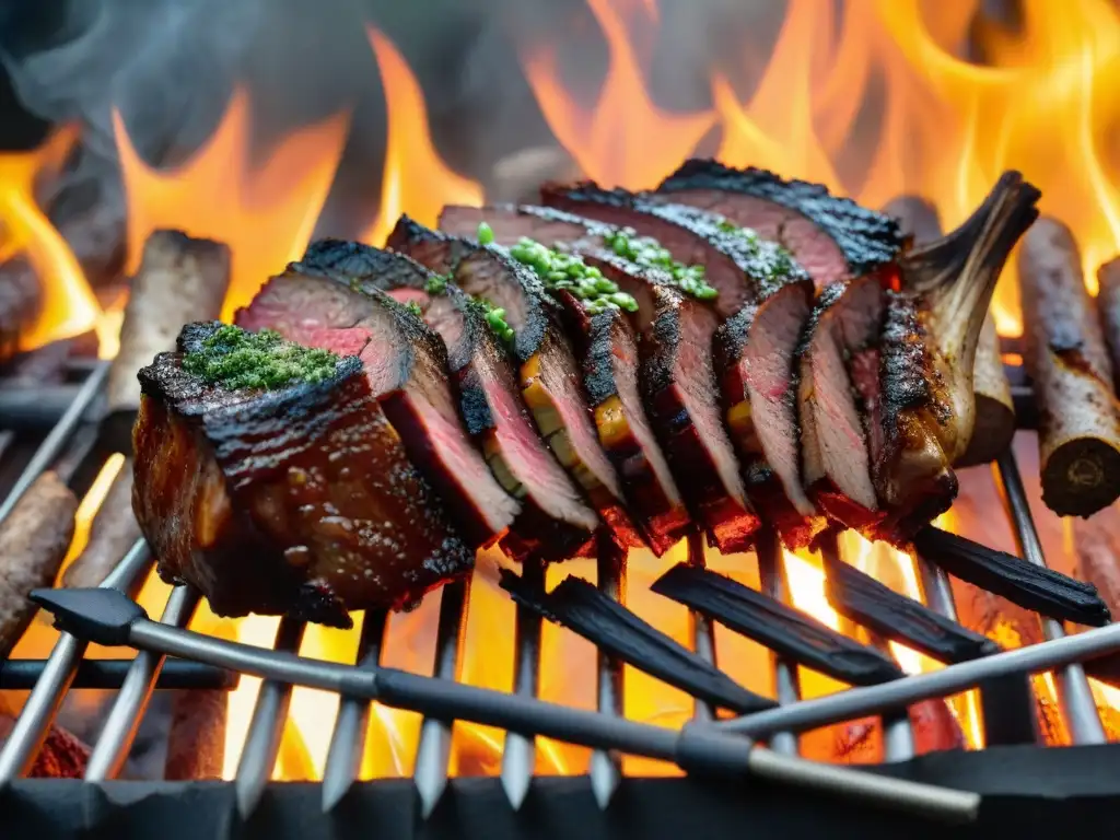 Un asado uruguayo perfectamente cocinado en su punto perfecto, con cortes suculentos y una parrilla tradicional