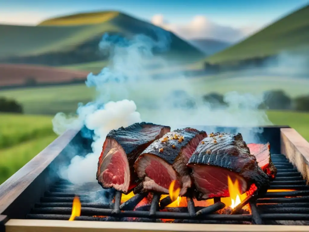 Un asado uruguayo perfectamente cocinado, rodeado de vino portugués, en un paisaje campestre