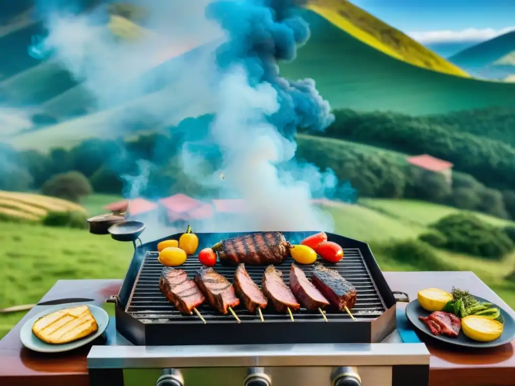 Un asado uruguayo en las colinas verdes: amigos riendo alrededor de una parrilla repleta de carne y vegetales