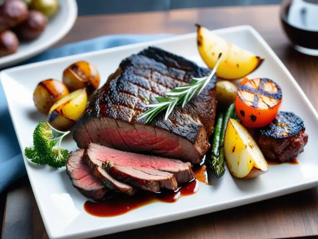 Un asado uruguayo colorido y exquisito se presenta elegantemente en una tabla de madera rústica