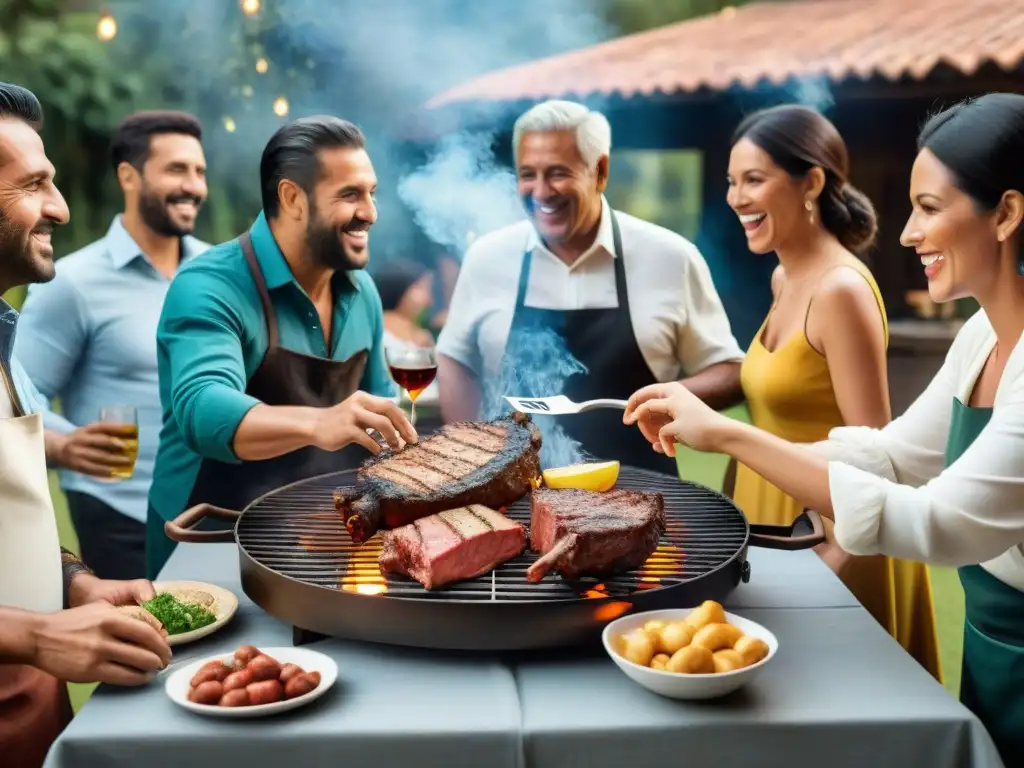 Experiencia de asado uruguayo: diversidad y tradición en comunidad Un asado uruguayo compartido entre personas diversas, resaltando la importancia del asado uruguayo