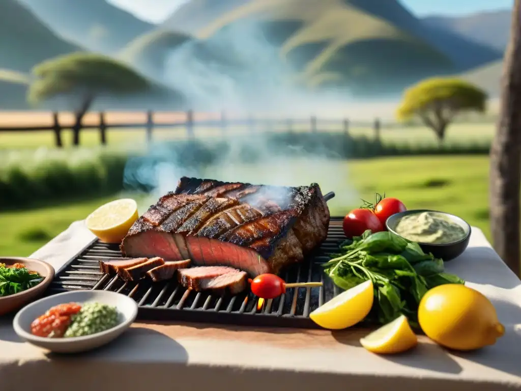 Un asado uruguayo con conciencia: amigos disfrutando de una parrilla en el campo, entre risas y aromas tentadores