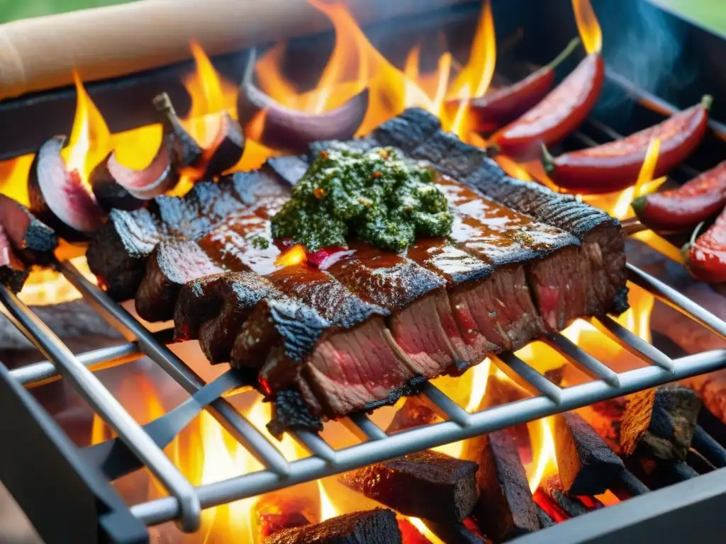 Un asado uruguayo con condimentos en su punto, chorizos, morcillas y vacío, bañado en chimichurri y aromas a la parrilla