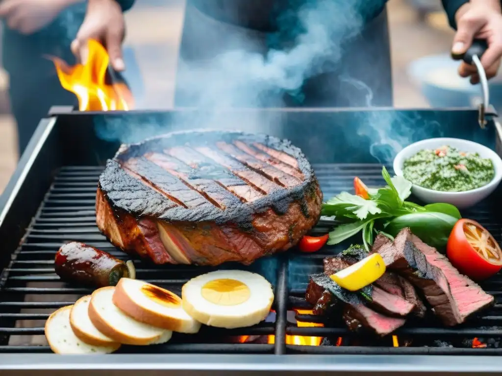 Disfruta del asado uruguayo con condimentos tradicionales en una parrilla llena de carne y chimichurri