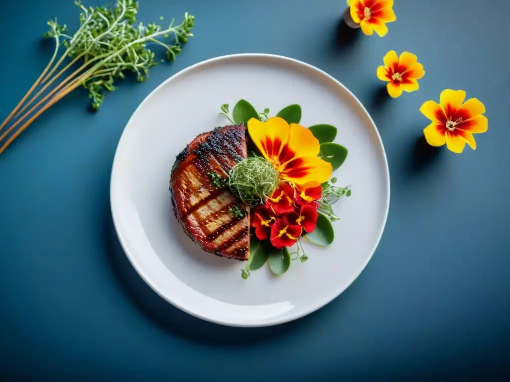 Presentación del asado uruguayo contemporáneo: Delicioso plato de carne y chimichurri con flores comestibles y microgreens