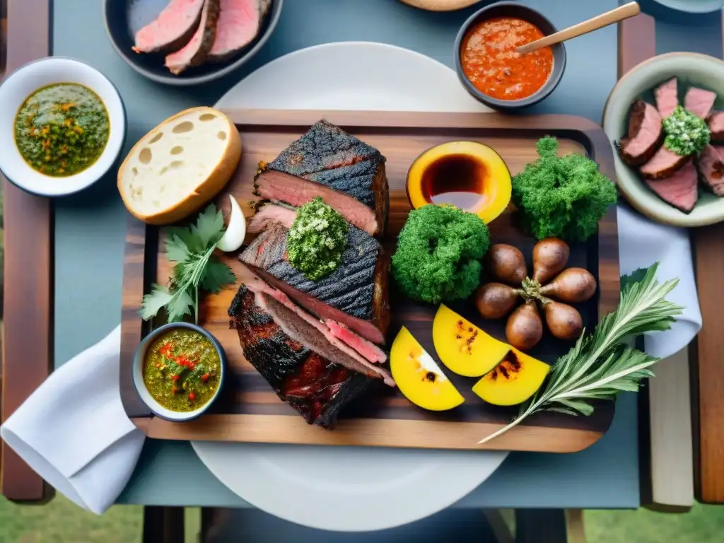 Presentación del asado uruguayo contemporáneo: mesa rústica con carne a la parrilla, chimichurri y mate en un entorno acogedor y natural