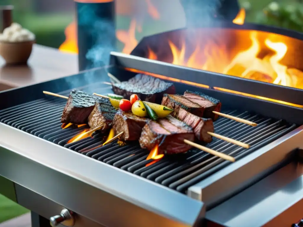 Presentación del asado uruguayo contemporáneo: Barbacoa de diseño moderno con carnes y verduras en elegante patio iluminado al atardecer