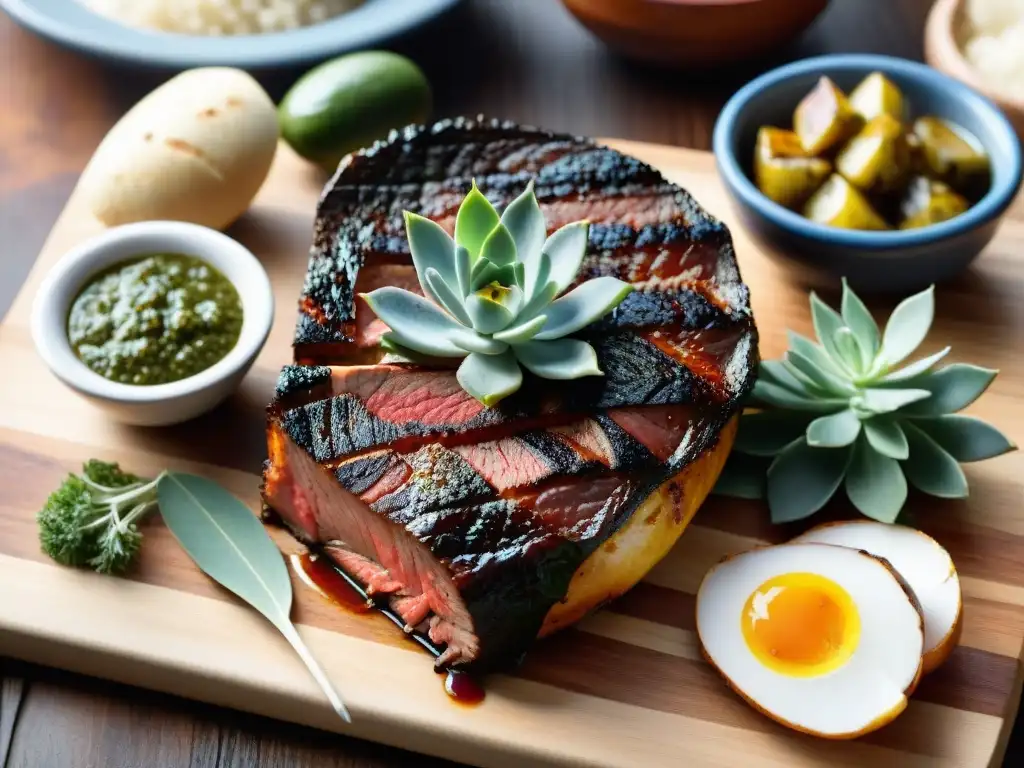 Un asado uruguayo con cortes bajos en grasa y chimichurri, sobre tabla de madera