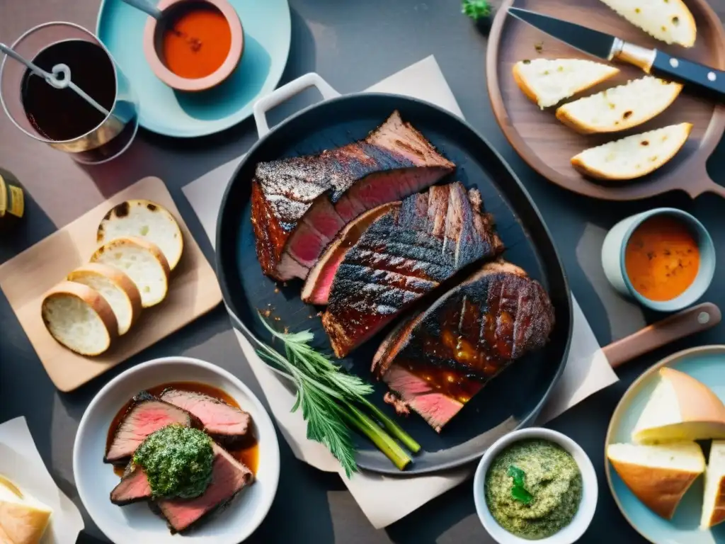 Un asado uruguayo con cortes de carne sizzling en la parrilla, chimichurri y vino Tannat