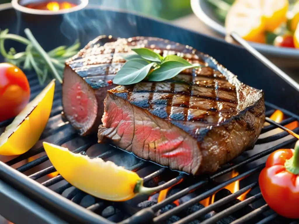 Un asado uruguayo con cortes de carne magra sobre la parrilla, rodeado de vegetales coloridos y hierbas frescas en un ambiente cálido