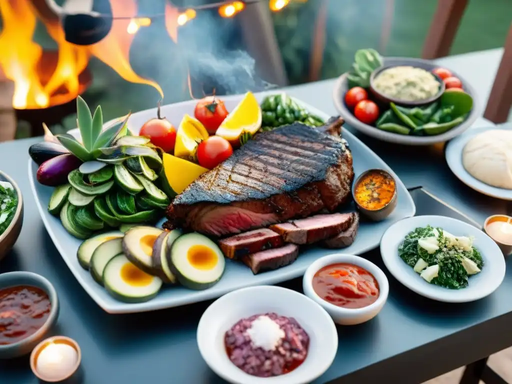 Un asado uruguayo con cortes de carne magra sizzling en la parrilla al atardecer