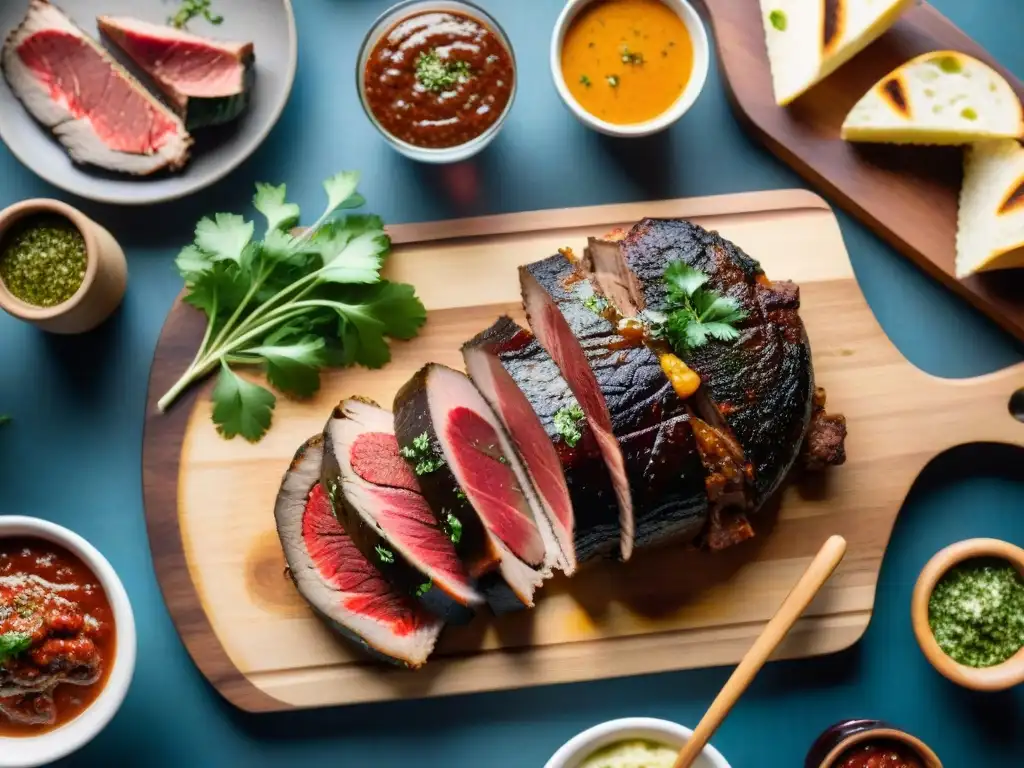 Un asado uruguayo con diferentes cortes de carne, chimichurri y vino tinto en una reunión al aire libre