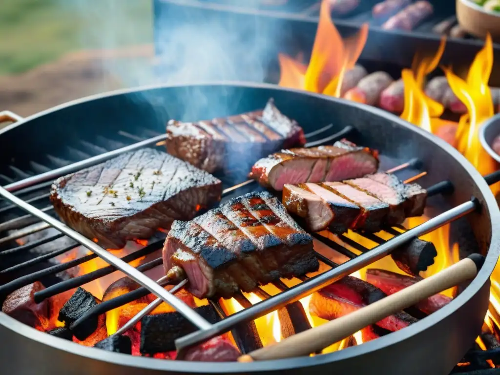 Un asado uruguayo con cortes icónicos en la parrilla, humo y paisaje campestre