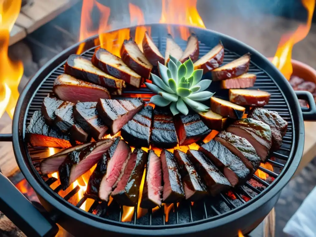 Un asado uruguayo con cortes importados como entraña, vacío y ojo de bife en una parrilla, humeante y apetitoso