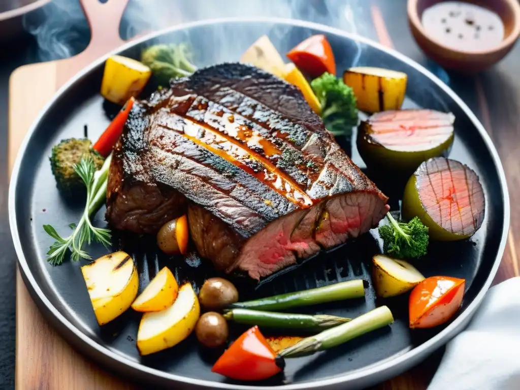 Delicioso asado uruguayo con cortes magros y vegetales asados Un asado uruguayo con cortes magros perfectamente cocidos rodeados de verduras y hierbas aromáticas