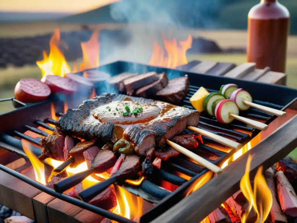 Un asado uruguayo con cortes magros cocinándose a la parrilla en un escenario campestre con gauchos y fogones de madera