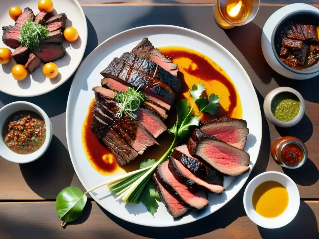 Deléitate con un asado uruguayo: cortes magros perfectamente cocidos, acompañados de chimichurri y ensaladas, sobre una mesa rústica al sol