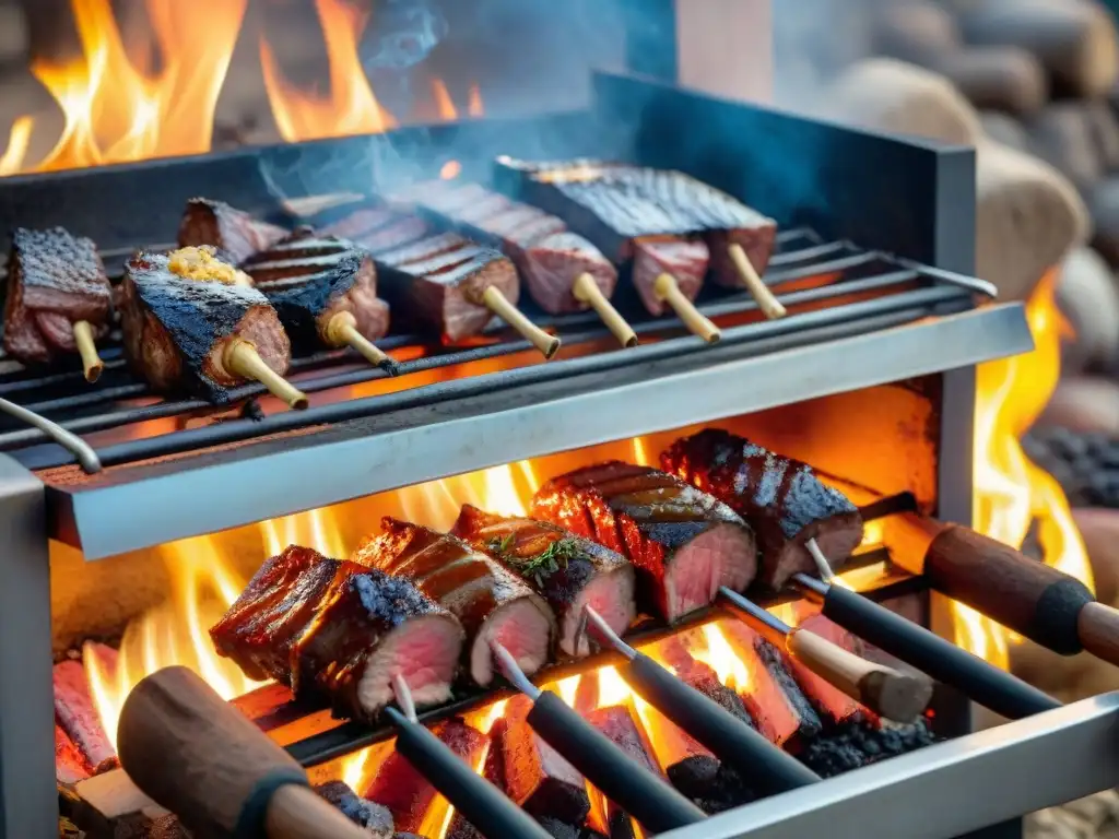 Un asado uruguayo: un costillar a la estaca dorado a la perfección sobre las brasas, gauchos y cielo azul al atardecer