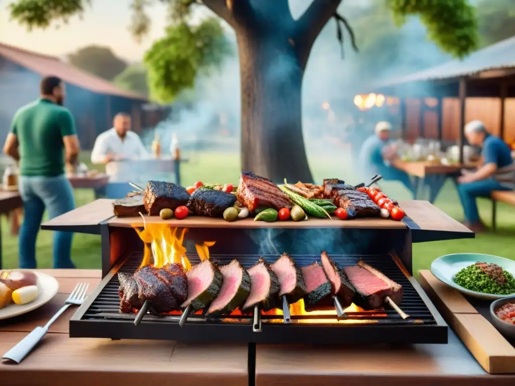 Un asado uruguayo en curso: carnes en la parrilla, amigos y familia disfrutando bajo un árbol