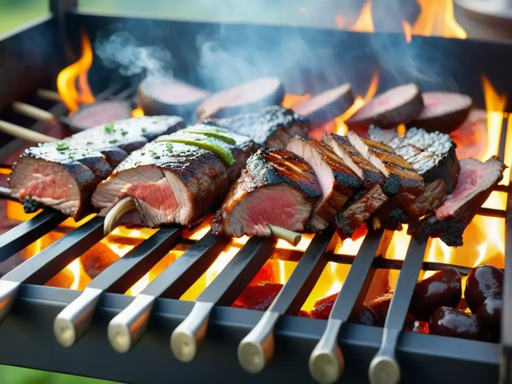 Fotografía de asado uruguayo con deliciosas carnes, chorizos y vegetales en parrilla tradicional, humo y coloridos grill marks