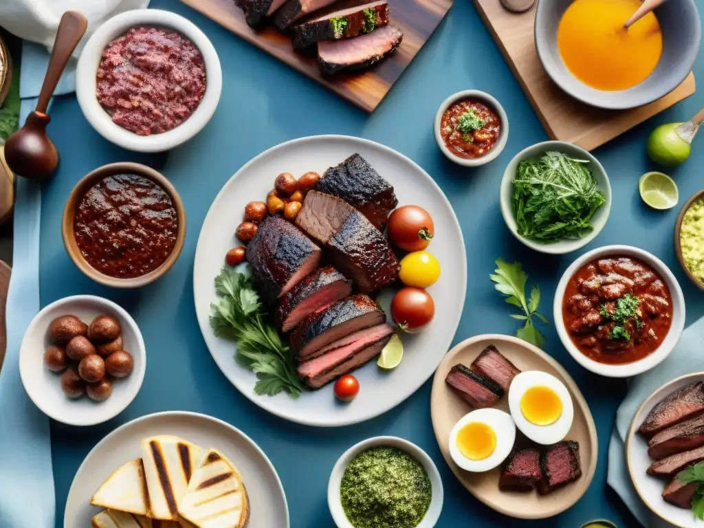 Un asado uruguayo detallado con churrasco, morcilla y chorizo en la parrilla, rodeado de una mesa rústica con chimichurri y vino Tannat