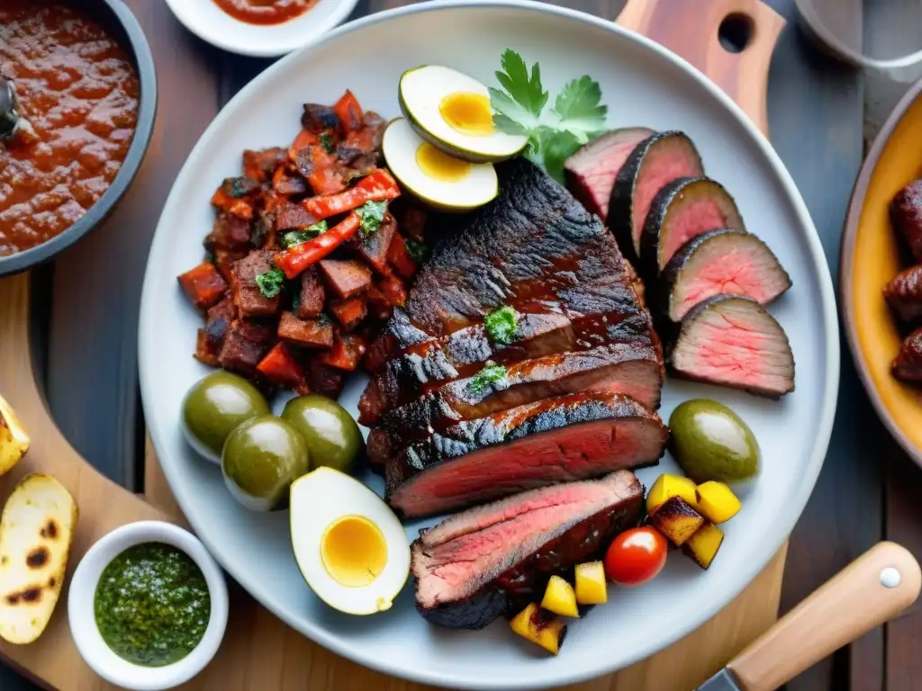 Un asado uruguayo detallado con churrasco, chorizos y morcilla