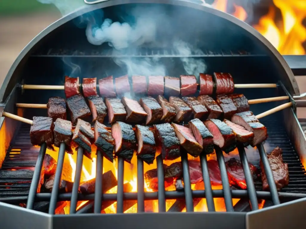 Un asado uruguayo detallado, con cortes de carne sizzling y vegetales, envuelto en humo, destacando técnicas de asado uruguayo