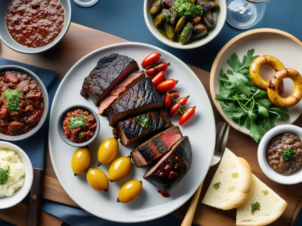 Un asado uruguayo detallado con maridaje vino tinto y clásicos acompañamientos