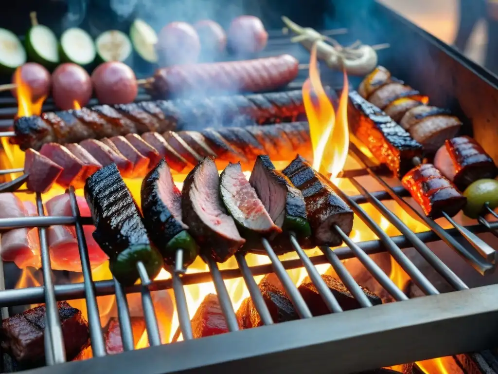 Un asado uruguayo detallado al máximo con cortes premium, chorizos y verduras sobre brasas, en un atardecer cálido