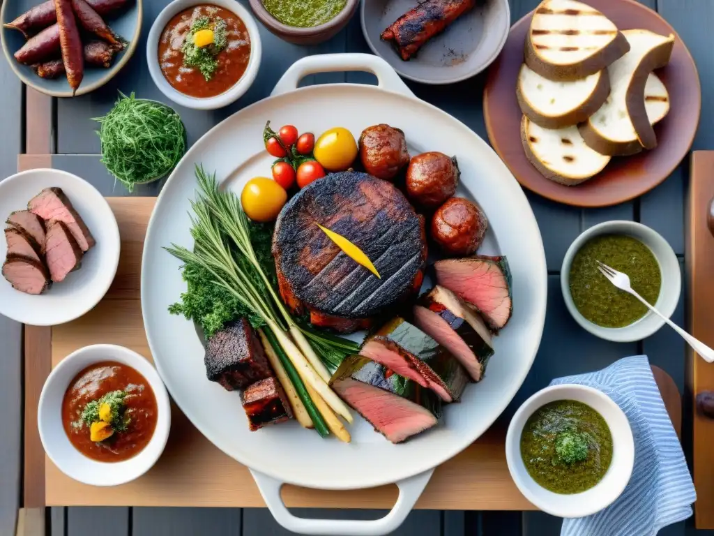 Un asado uruguayo detallado en una mesa rústica con carnes, chimichurri y vinos finos