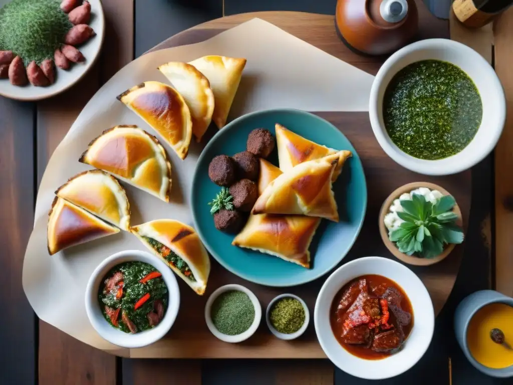 Un asado uruguayo detallado en una mesa rústica, con cortes de carne, chorizos, empanadas, vegetales, chimichurri y mate