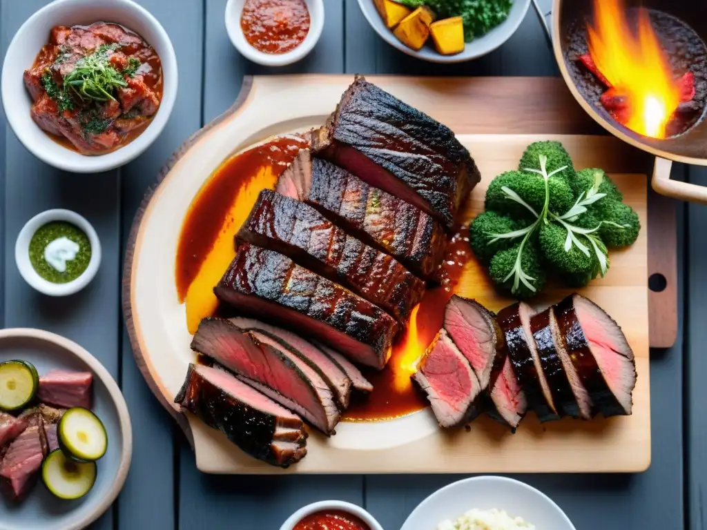 Un asado uruguayo detallado y realista en una mesa rústica de madera