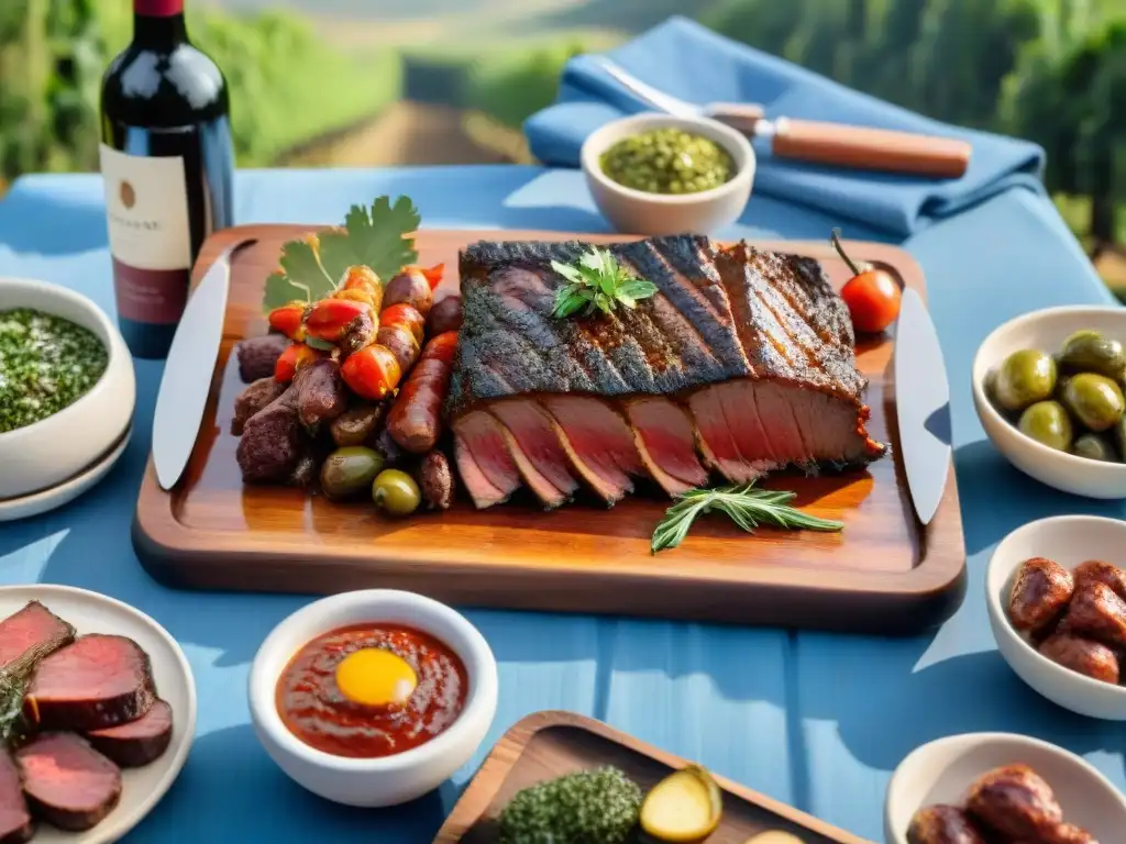 Un asado uruguayo detallado rodeado de viñedos, bajo cielo azul