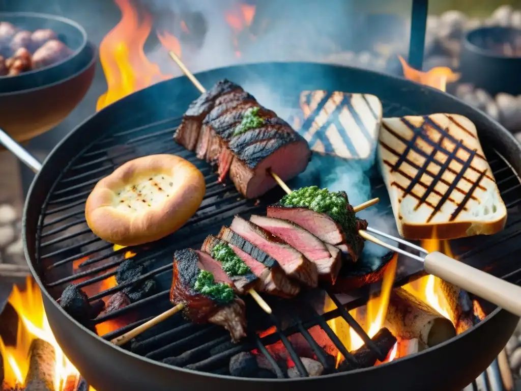 Un asado uruguayo detallado con una variedad de carnes, chimichurri, pan y vino Tannat